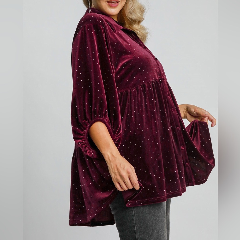 NWT Umgee PLUS + REG Size Red Polka Dot Button Down Babydoll Style Shirt Top - Picture 3 of 6